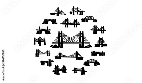 Urban bridge icons collection silhouette construction architecture vector set