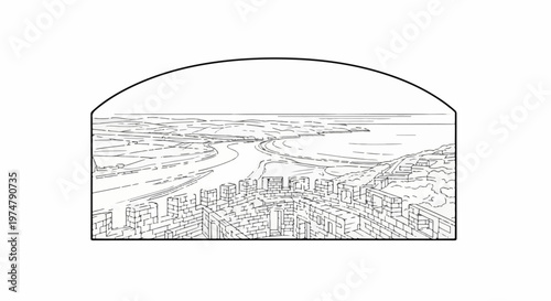 A stark line drawing shows a fortress overlooking a winding river valley and distant ocean