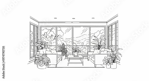 A sketch of a living room with large windows overlooking a scenic landscape
