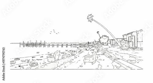 A sketch of a desolate beach with debris, pier, and leaning palm trees