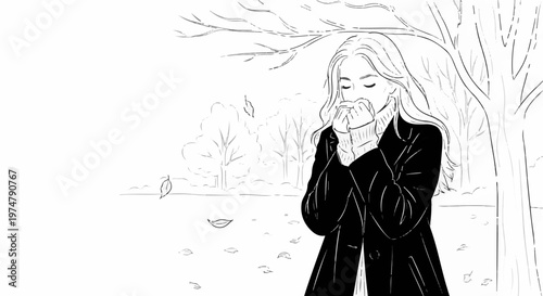 A woman in a coat holds a warm drink in a park during autumn