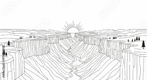 A stylized black and white drawing of a vast canyon at sunrise