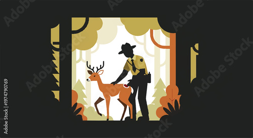 Forest ranger caring for a deer with ranger s wildlife conservation protection illustration outdoors creature friendly peaceful environment ranger's compassion solitude stylized