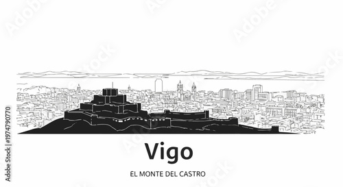 A silhouetted fort overlooks a city skyline with mountains in the distance
