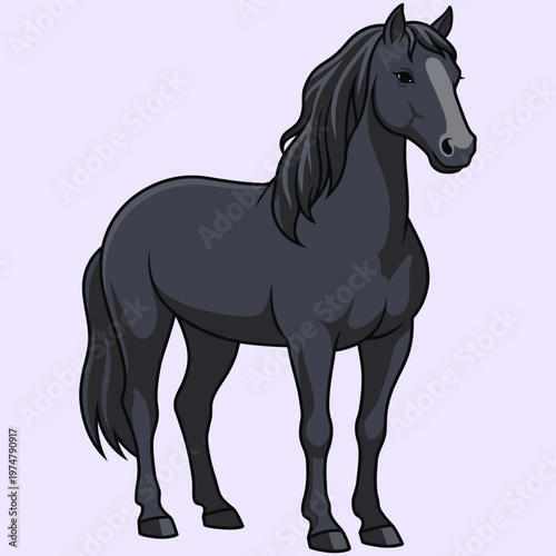 Majestic Black Horse Standing in Flat Design vector illustration