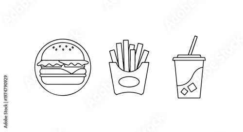 Outline icons: hamburger french fries drink with fast food junk food drink cup food icon carry out line art hamburger beverage illustration minimalist breakfast takeaway collection