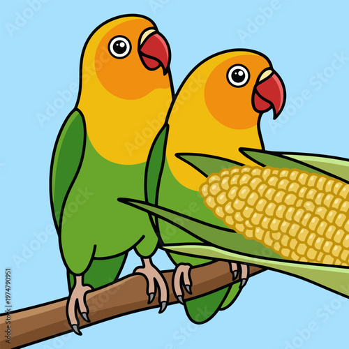 Two Lovebirds Perched on a Branch with Corn in Flat Design Vector Illustration