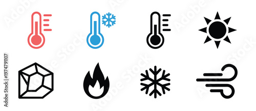 Weather icon set temperature forecast symbols sun cloud rain snow wind storm simple vector design