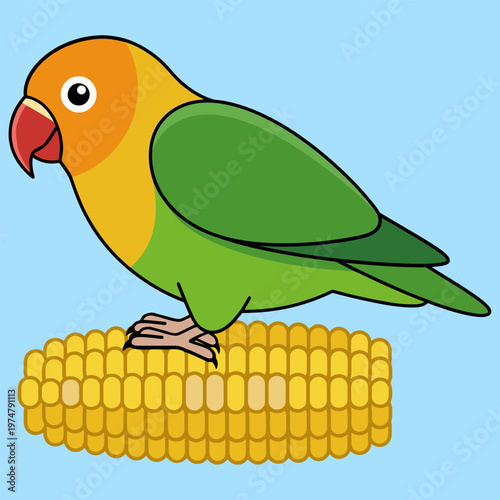 Lovebirds Perched on Corn in Flat Design Vector Illustration
