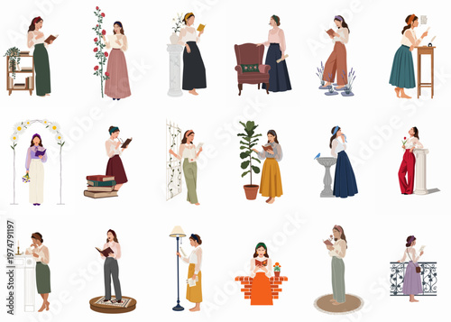 Collection of eighteen minimalist vector illustrations of elegant women in vintage attire reading, writing, and reciting in various classical and domestic settings.