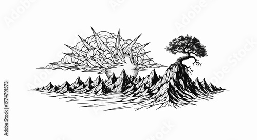 Jagged peaks and explosive clouds dominate a stark, stylized natural landscape