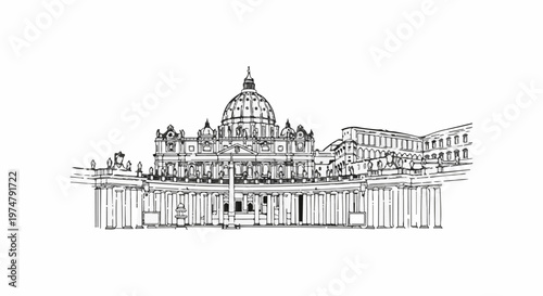Stylized ink sketch of a grand domed building with colonnades and surrounding structures