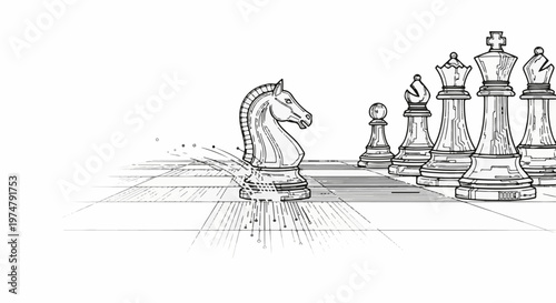Stylized sketch of a knight emerging from abstract lines on a chessboard