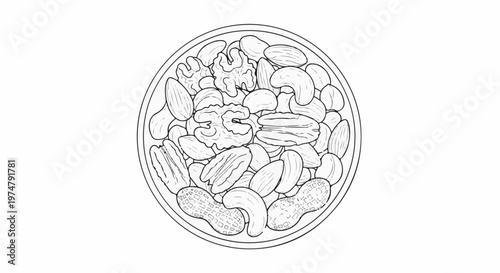 A circular bowl filled with a variety of mixed nuts in a line drawing