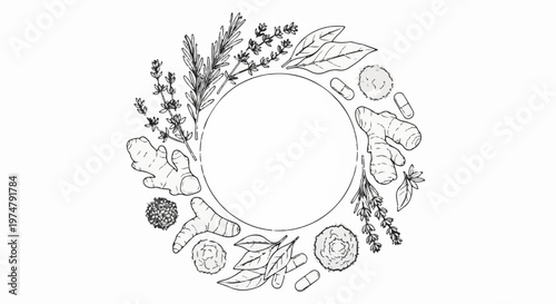 A circular frame composed of botanical illustrations of herbs, roots, and pills