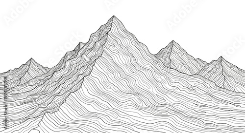 A detailed line drawing of mountains.