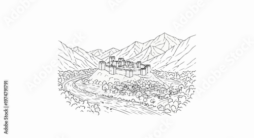 A historical castle sits atop a hill overlooking a village and winding river