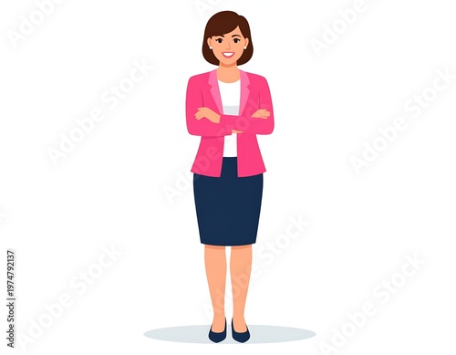 A smiling woman with brown hair and crossed arms stands in a smart, business-like outfit against a white backdrop. She is wearing a pink blazer and a navy blue skirt