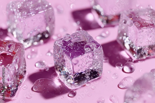 Close up of sparkling purple and silver glitter ice cubes with water droplets on a soft pink background with dramatic shadows and soft lighting highlighting texture and reflective surfaces