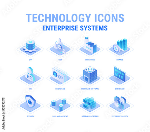 Technology icons set for Enterprise Systems workflow diagram - ERP, CRM, HR systems, Operations, Data Management, Integration, Internal Platforms, Finance, Security - high quality isometric vector