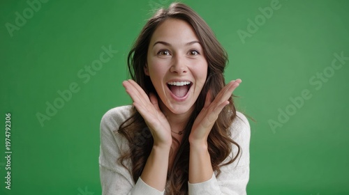 Enchanting Amazement: Capturing a woman's genuine surprise and happiness, her wide eyes and open mouth reflect a moment of delightful wonder and pure joy. 