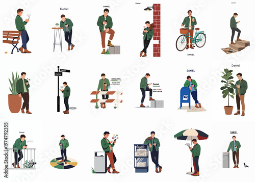 A comprehensive collection of character illustrations featuring a young man using his smartphone in various urban outdoor settings and daily life scenarios.