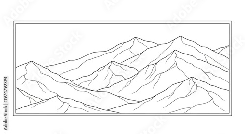Mountain range landscape in line art.