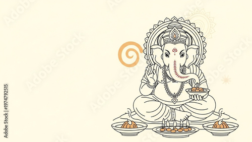 Lord Ganesha Line Art Illustration – Hindu God of Wisdom, Spiritual Festival Design with Diya Lamps and Sweets, Minimal Sacred Art