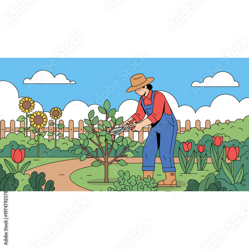 A man in a garden prunes a small tree with shears near flowers and sunflowers.