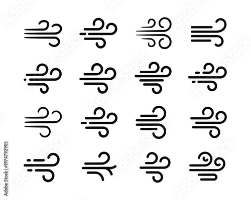 Wind icon vector set silhouette airflow breeze gust storm symbols white background minimal design