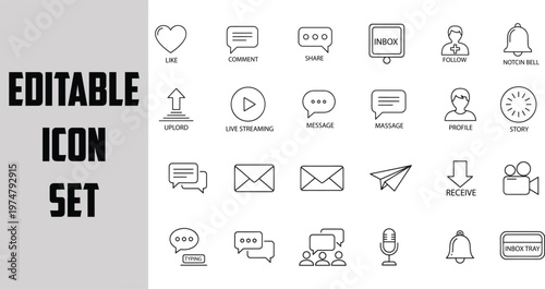 Notification and messaging icon set, communication line outline icons, vector editable