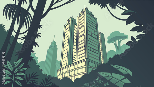 Vector illustration of a modern city skyline featuring palm trees and urban skyscrapers under a night sky with architectural silhouette design