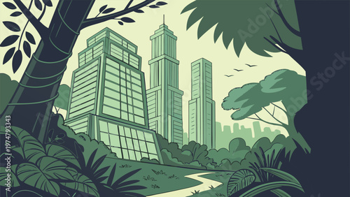 Vector illustration of an abstract urban cityscape featuring a silhouette skyline with skyscrapers and downtown business towers under a dark night sky