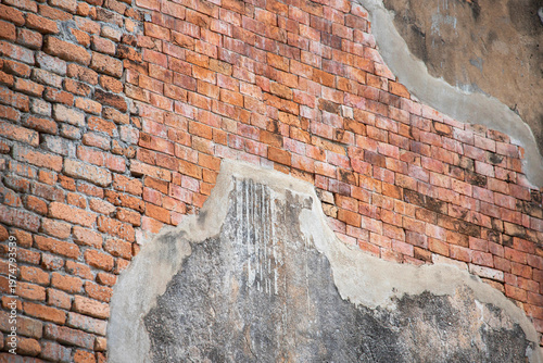 Red White Wall Background. Old Grungy Brickwork Horizontal Texture. Brickwall Backdrop. Structure With Broken Stucco And Plaster.