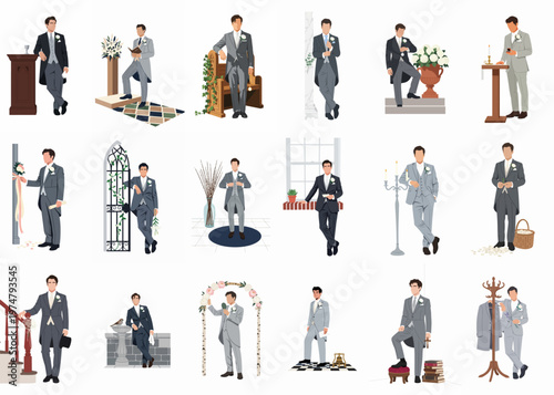 Collection of flat vector illustrations depicting grooms and groomsmen in various elegant poses and morning suits for a formal wedding ceremony.