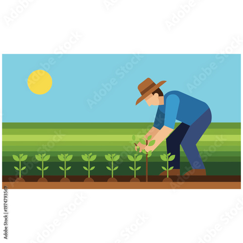 Man planting flowers in green field under sunny blue sky