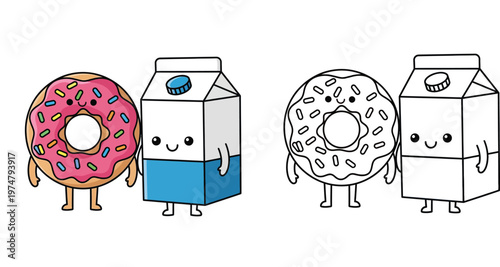 Kawaii Donut and Milk Carton Characters Holding Hands Colored and Line Art Vector Illustration for Kids Coloring Page