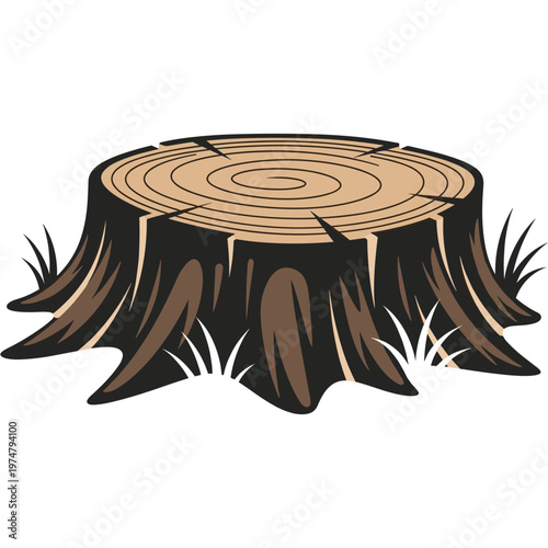 Tree stump cut down in forest environment with grass around
