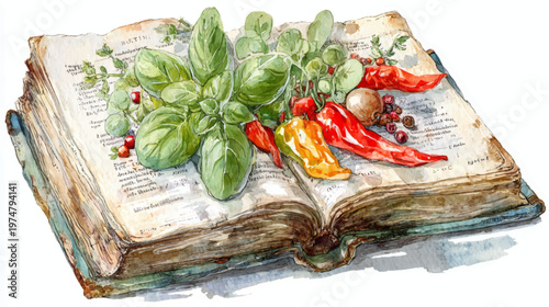 Vintage cookbook illustration with herbs and vegetables on open book, perfect for culinary branding, recipe design, food blogs, packaging, and rustic kitchen visuals