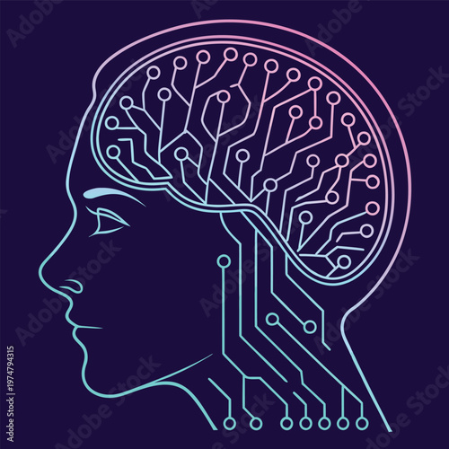 A 3D vector illustration of a human head silhouette featuring a mental brain profile to symbolize anatomy, thinking, and the concept of human intelligence