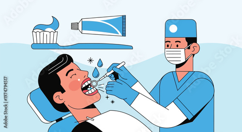 A dentist in blue scrubs examines a patient's teeth with a dental tool in a clinical setting.
