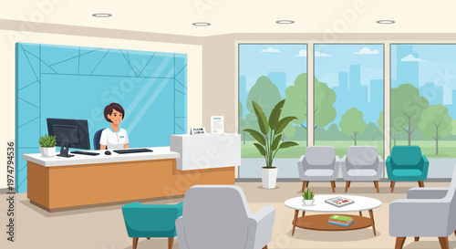 A receptionist sitting at the front desk of a modern office with a waiting area and a city view