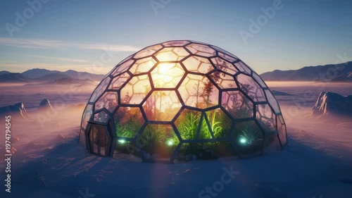 Dome structure in snowy landscape with interior garden
