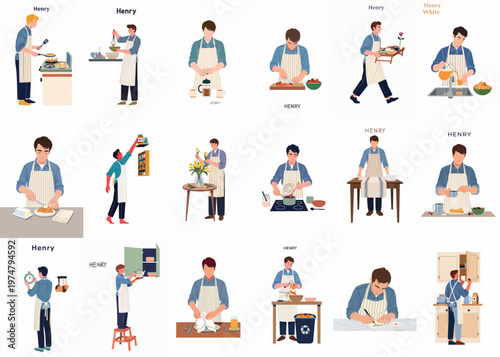 Collection of illustrations featuring a man in a striped apron performing various domestic tasks, cooking, and preparing food in a kitchen setting.