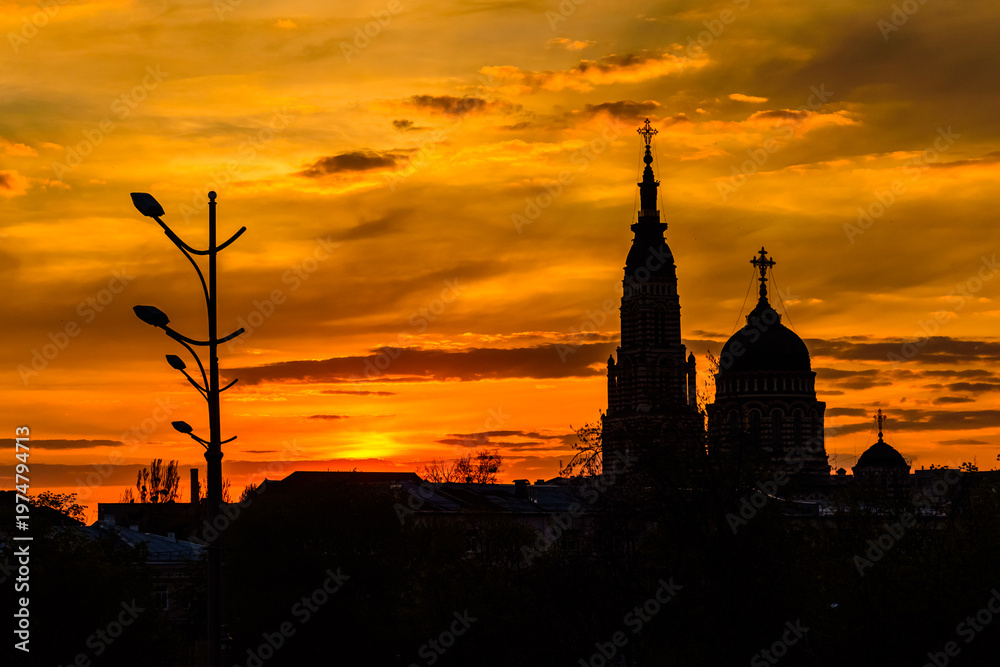 Fototapeta premium View of the Annunciation cathedral against sunset. Kharkiv, Ukraine