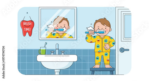 A young boy brushing his teeth in a bathroom with a mirror and a sign that says Brush Time