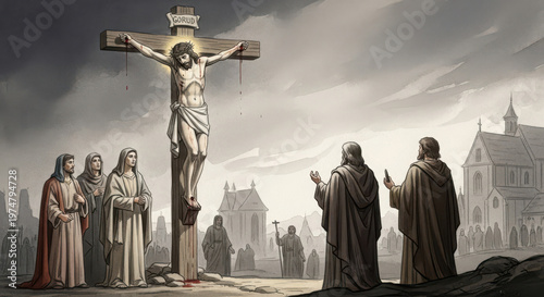 Jesus christ hanging on the wooden cross with devoted followers standing in prayerful silence while witnessing the historic biblical event of the holy crucifixion