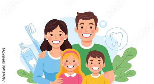 A happy family of four smiling together with toothbrush and tooth icons in the background