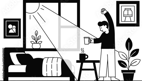 man stretching with coffee in hand in modern apartment