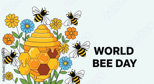 A colorful illustration of a beehive surrounded by flowers and bees on World Bee Day